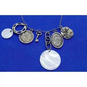 Rachel Roy Charm Necklace Long Chain Dangle Pendant Gold Tone & Mother Of Pearl